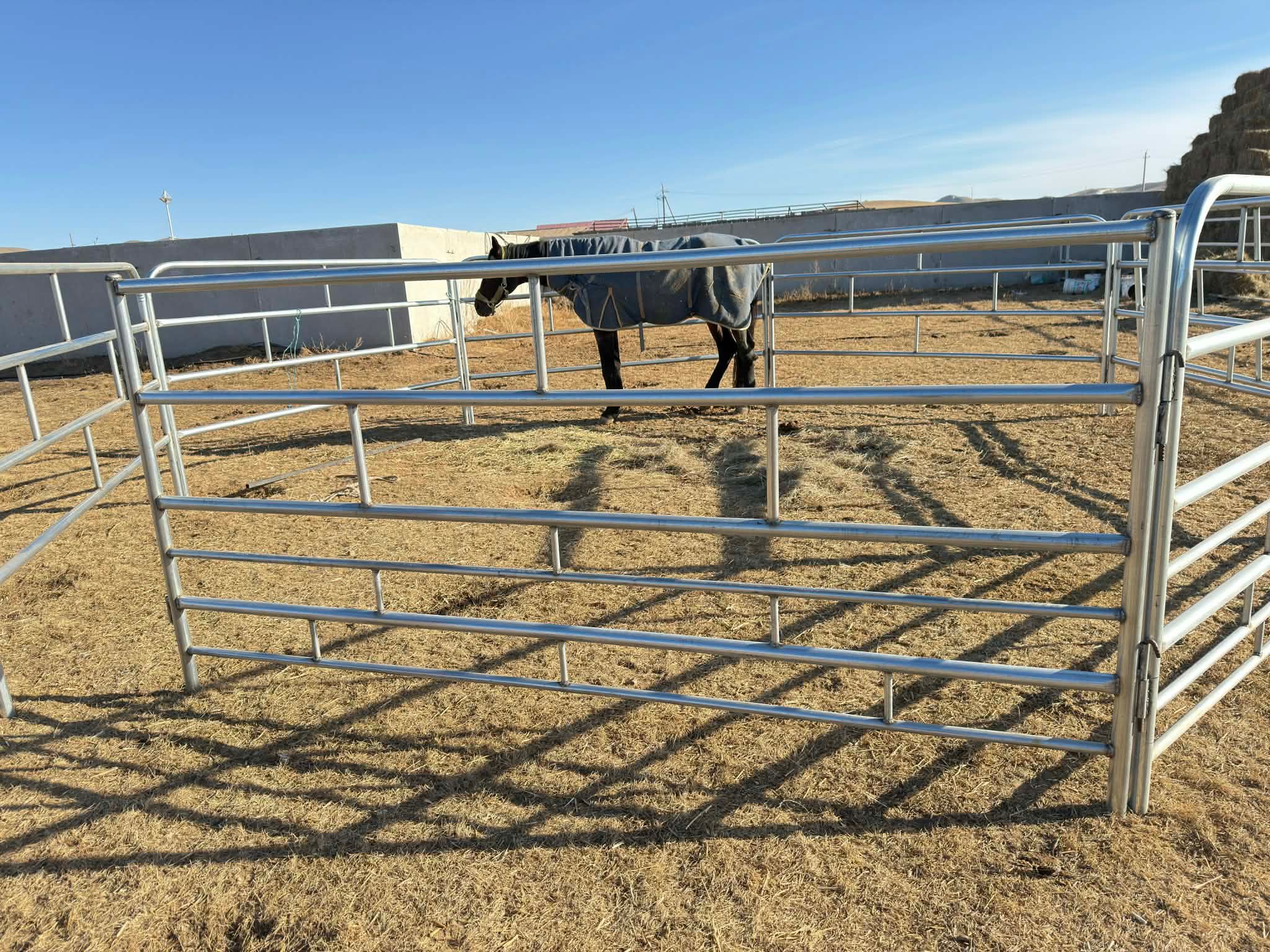 Nomad Fence-ийн дугуй булантай төмөр хашаа малтайгаа бэлчээрийн орчинд байрласан зураг